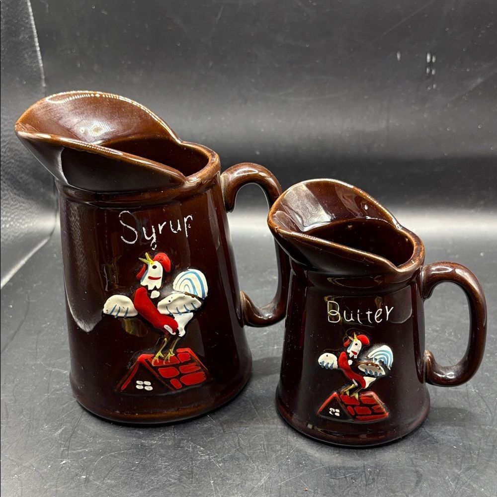 Vintage Brown Syrup and Butter Pitcher Set Redware